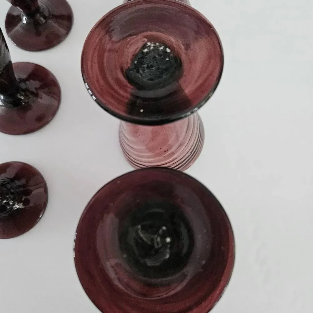 Vintage 6 amethyst cordial glasses, hand blown.